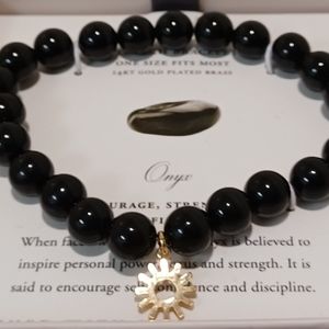 LUNA NORTE 14K GOLD PLATED 🌞 SUN CHARM W/  BLACK ONYX BEADS STRETCH BRACELET